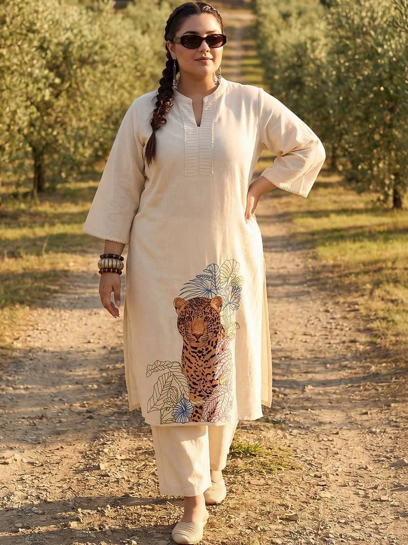 Plus Size Off White Embroidered A-Line Kurta Trousers Set