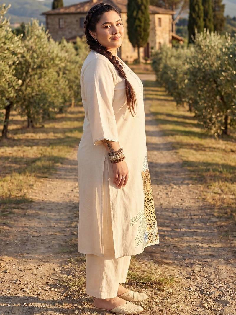 Plus Size Off White Embroidered A-Line Kurta Trousers Set