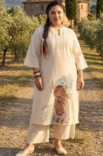 Plus Size Off White Embroidered A-Line Kurta Trousers Set