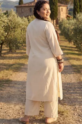Plus Size Off White Embroidered A-Line Kurta Trousers Set