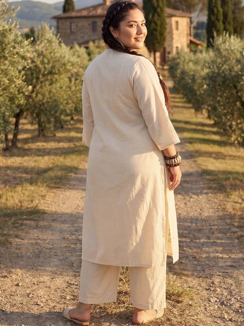 Plus Size Off White Embroidered A-Line Kurta Trousers Set