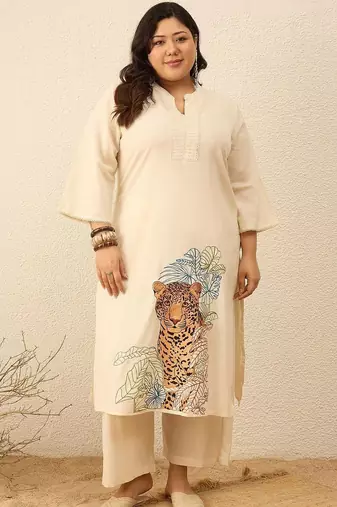 Plus Size Animal Printed Regular Pure Cotton Kurta with Palazzos