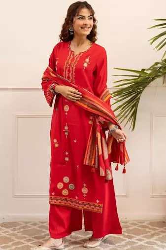 Ethnic Motifs Embroidered Thread Work Kurta With Palazzos & Dupatta