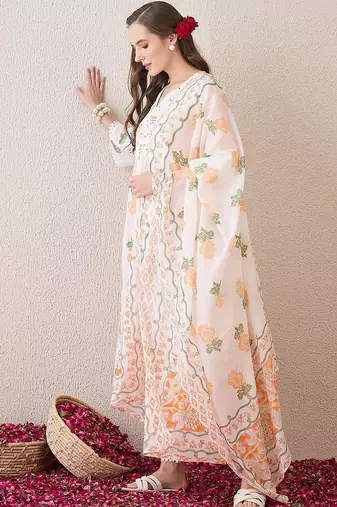 Women Floral Printed Regular Thread Work Pure Cotton Kurta with Trousers & With Dupatta