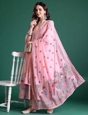Floral Printed Pleated Sequinned Pure Cotton Kurta with Trousers & With Dupatta 1