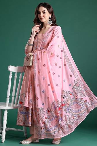 Floral Printed Pleated Sequinned Pure Cotton Kurta with Trousers & With Dupatta