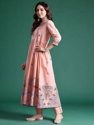 Floral Printed Pleated Sequinned Pure Cotton Kurta with Trousers & With Dupatta 5