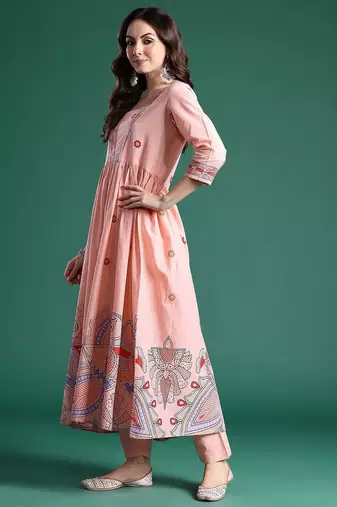 Floral Printed Pleated Sequinned Pure Cotton Kurta with Trousers & With Dupatta