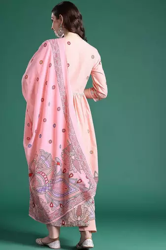 Floral Printed Pleated Sequinned Pure Cotton Kurta with Trousers & With Dupatta