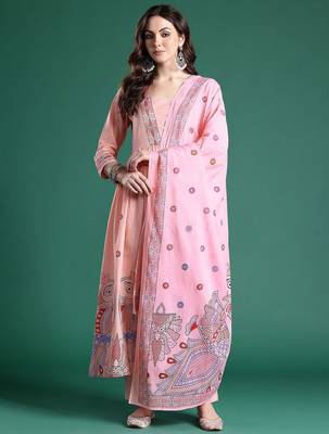 Floral Printed Pleated Sequinned Pure Cotton Kurta with Trousers & With Dupatta 7
