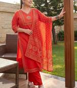 Plus Size Rust Printed Straight Kurta Trousers With Dupatta Set
