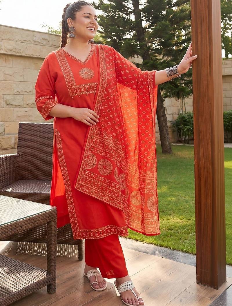 Plus Size Rust Printed Straight Kurta Trousers With Dupatta Set
