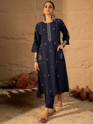 Women Ethnic Motifs Embroidered Pure Cotton A-Line Kurta with Trouser 1
