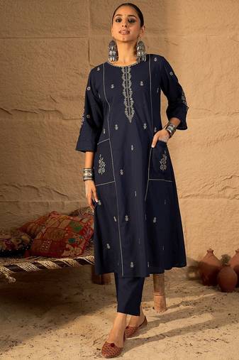 Women Ethnic Motifs Embroidered Pure Cotton A-Line Kurta with Trouser