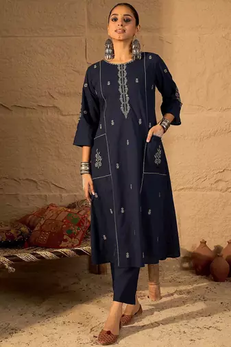 Women Ethnic Motifs Embroidered Pure Cotton A-Line Kurta with Trouser