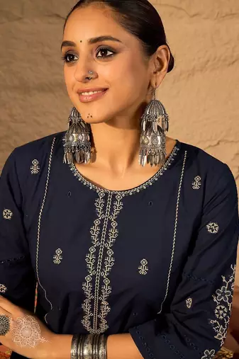 Women Ethnic Motifs Embroidered Pure Cotton A-Line Kurta with Trouser