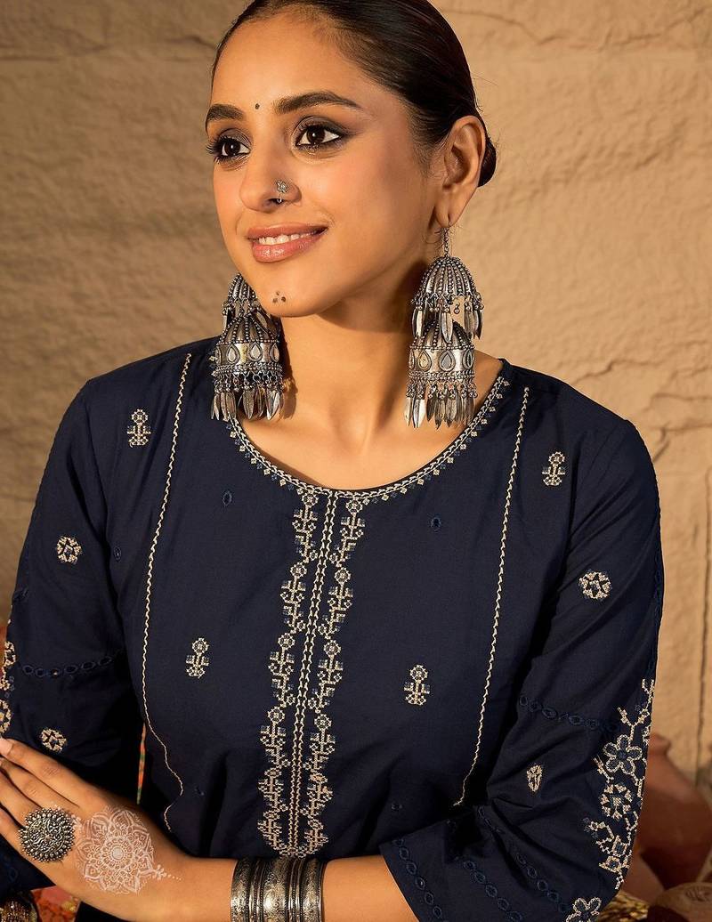 Women Ethnic Motifs Embroidered Pure Cotton A-Line Kurta with Trouser