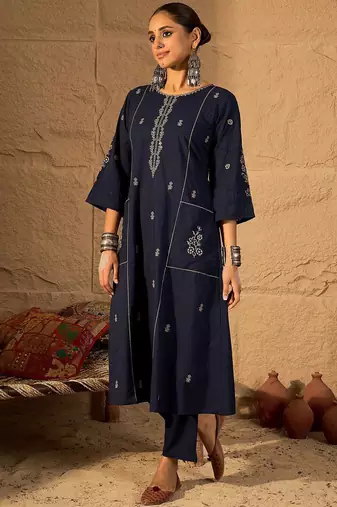 Women Ethnic Motifs Embroidered Pure Cotton A-Line Kurta with Trouser