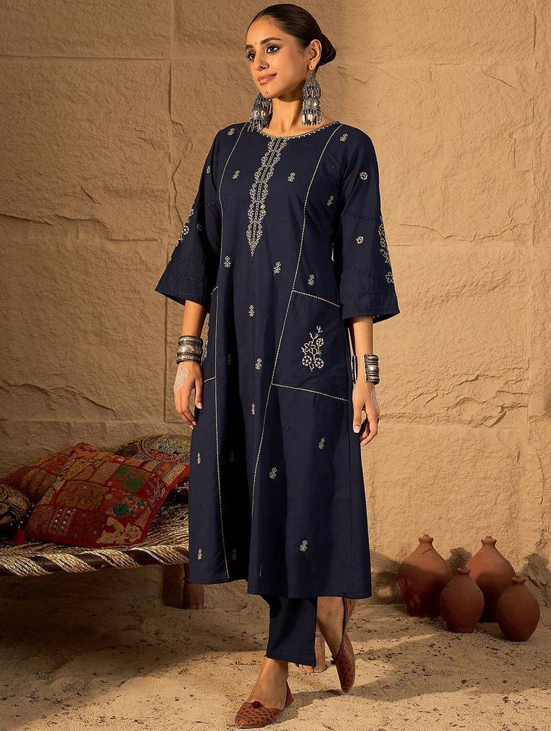 Women Ethnic Motifs Embroidered Pure Cotton A-Line Kurta with Trouser