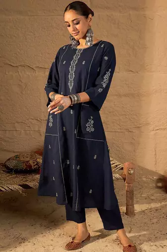 Women Ethnic Motifs Embroidered Pure Cotton A-Line Kurta with Trouser