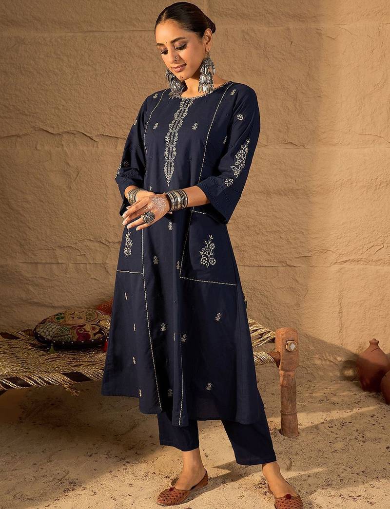 Women Ethnic Motifs Embroidered Pure Cotton A-Line Kurta with Trouser