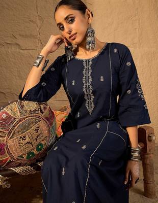 Women Ethnic Motifs Embroidered Pure Cotton A-Line Kurta with Trouser 6