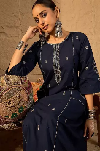 Women Ethnic Motifs Embroidered Pure Cotton A-Line Kurta with Trouser