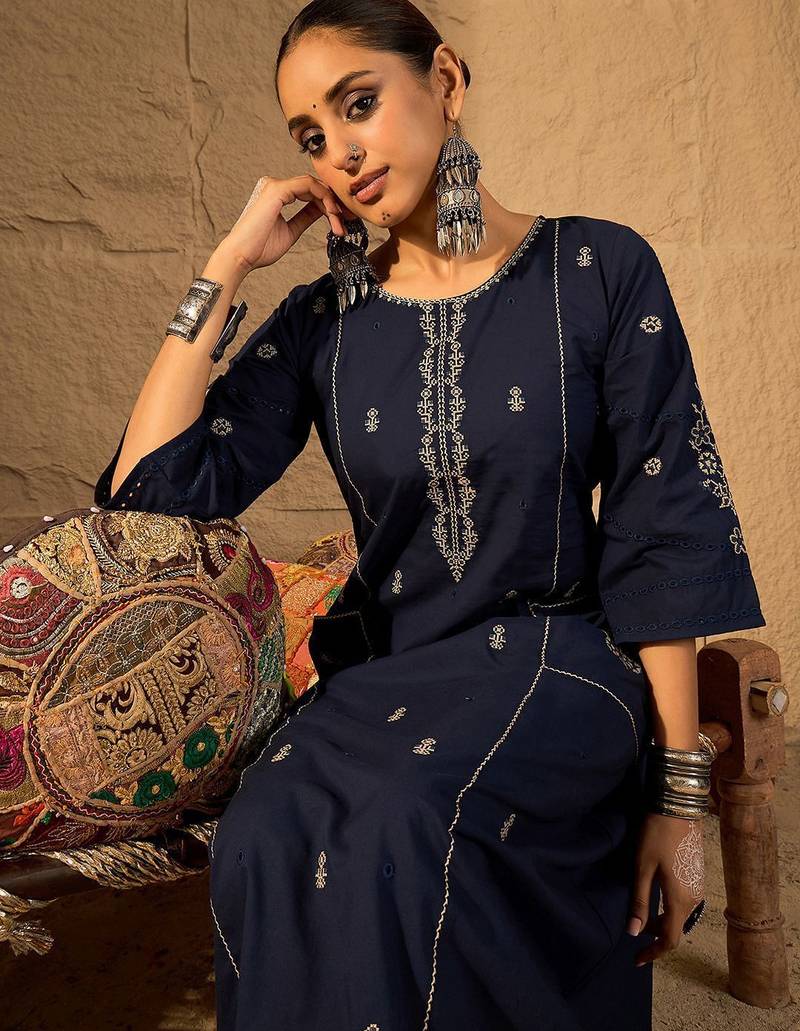 Women Ethnic Motifs Embroidered Pure Cotton A-Line Kurta with Trouser