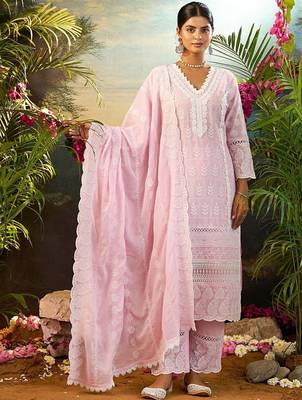 Women Ethnic Motifs Embroidered Cotton Kurta with Trousers & Dupatta 1