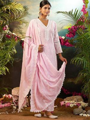 Women Ethnic Motifs Embroidered Cotton Kurta with Trousers & Dupatta 3