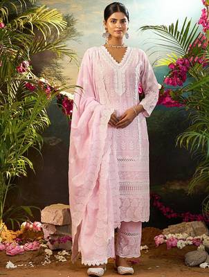 Women Ethnic Motifs Embroidered Cotton Kurta with Trousers & Dupatta 4