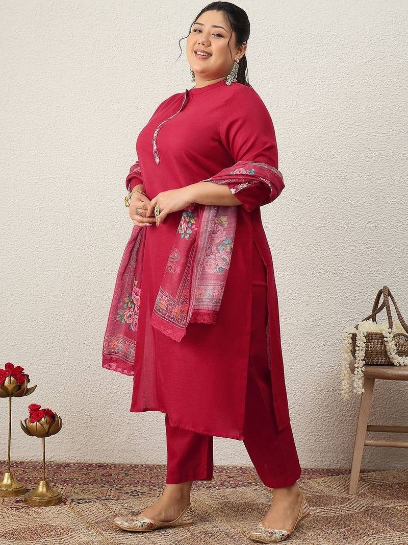 Plus Size Embroidered Regular Kurta with Trousers & With Dupatta