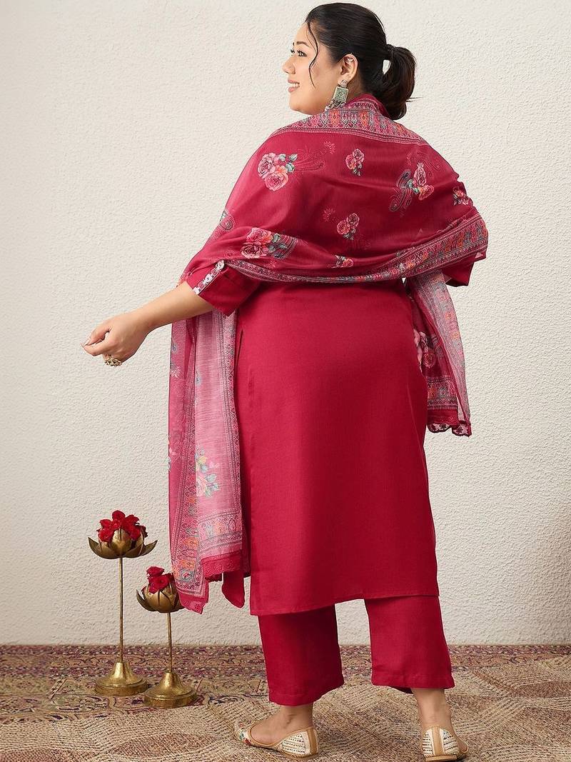 Plus Size Embroidered Regular Kurta with Trousers & With Dupatta