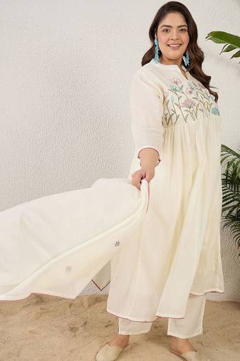 Plus Size Thread Work Pure Cotton Kurta with Trousers & With Dupatta