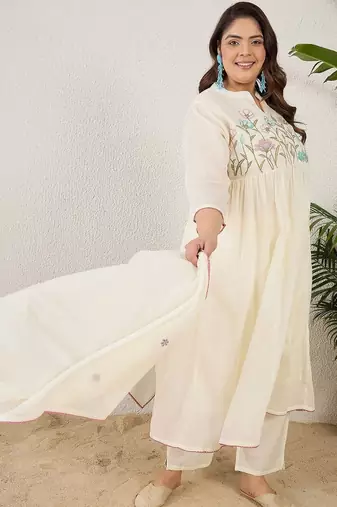 Plus Size Thread Work Pure Cotton Kurta with Trousers & With Dupatta
