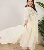 Plus Size Thread Work Pure Cotton Kurta with Trousers & With Dupatta