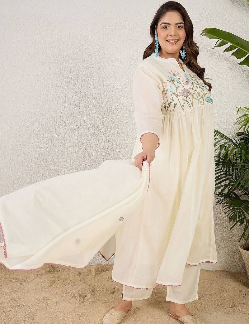 Plus Size Thread Work Pure Cotton Kurta with Trousers & With Dupatta