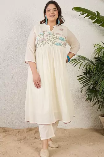 Plus Size Thread Work Pure Cotton Kurta with Trousers & With Dupatta