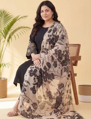 Plus Size Black Embroidered Straight Kurta Trousers With Dupatta Set 1