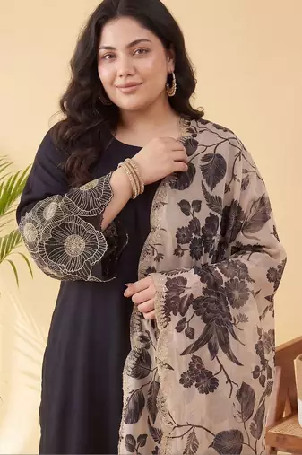 Plus Size Black Embroidered Straight Kurta Trousers With Dupatta Set