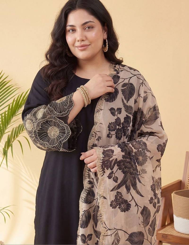 Plus Size Black Embroidered Straight Kurta Trousers With Dupatta Set