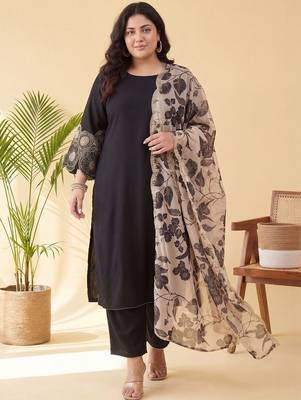 Plus Size Black Embroidered Straight Kurta Trousers With Dupatta Set 3