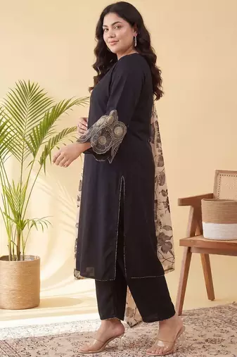 Plus Size Black Embroidered Straight Kurta Trousers With Dupatta Set