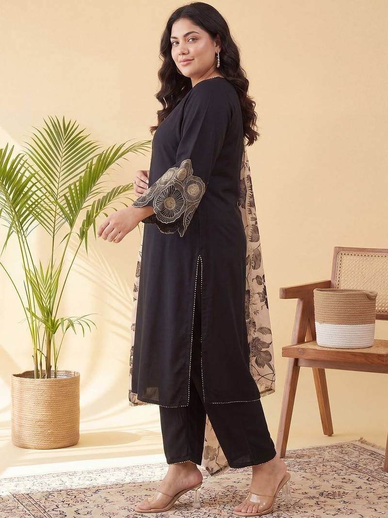 Plus Size Black Embroidered Straight Kurta Trousers With Dupatta Set