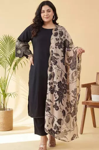 Plus Size Black Embroidered Straight Kurta Trousers With Dupatta Set