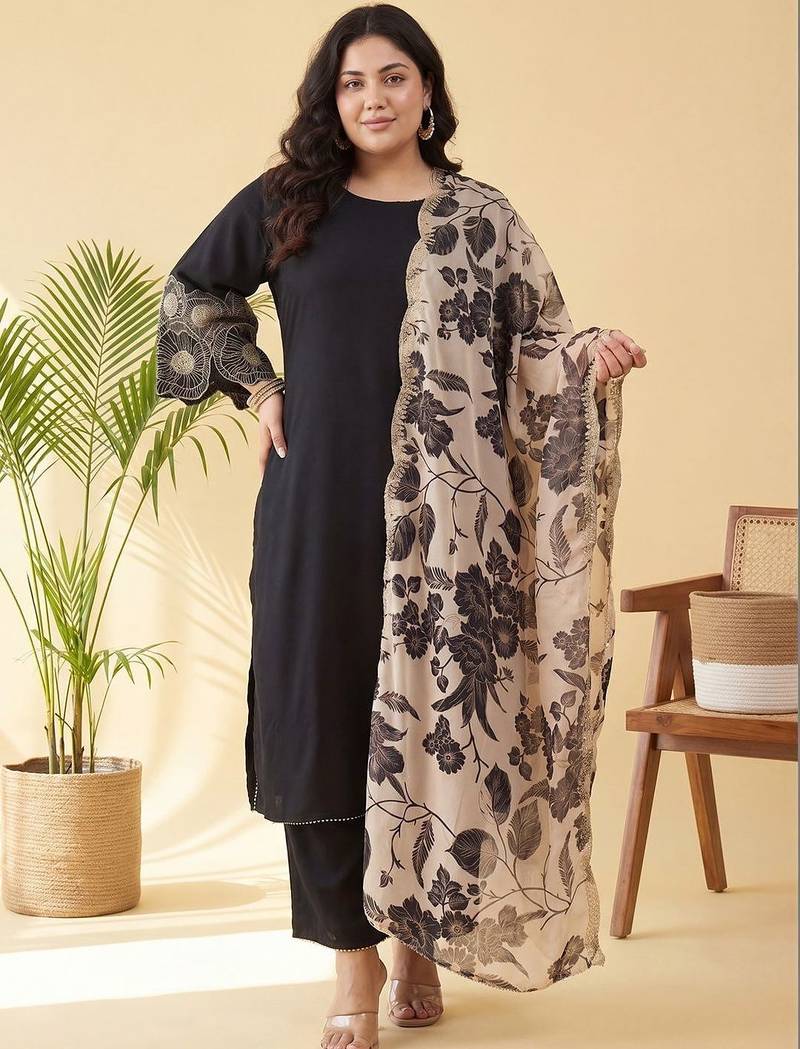 Plus Size Black Embroidered Straight Kurta Trousers With Dupatta Set