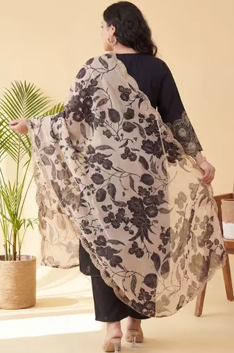 Plus Size Black Embroidered Straight Kurta Trousers With Dupatta Set