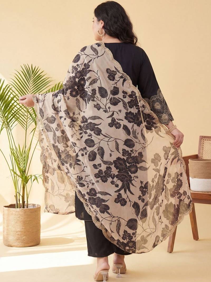 Plus Size Black Embroidered Straight Kurta Trousers With Dupatta Set