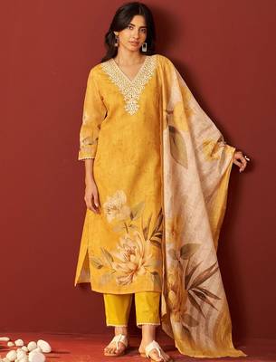 Women Floral Embroidered Cotton Kurta with Trousers & Dupatta 6