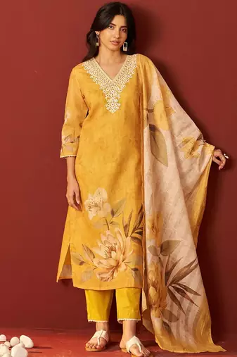 Women Floral Embroidered Cotton Kurta with Trousers & Dupatta